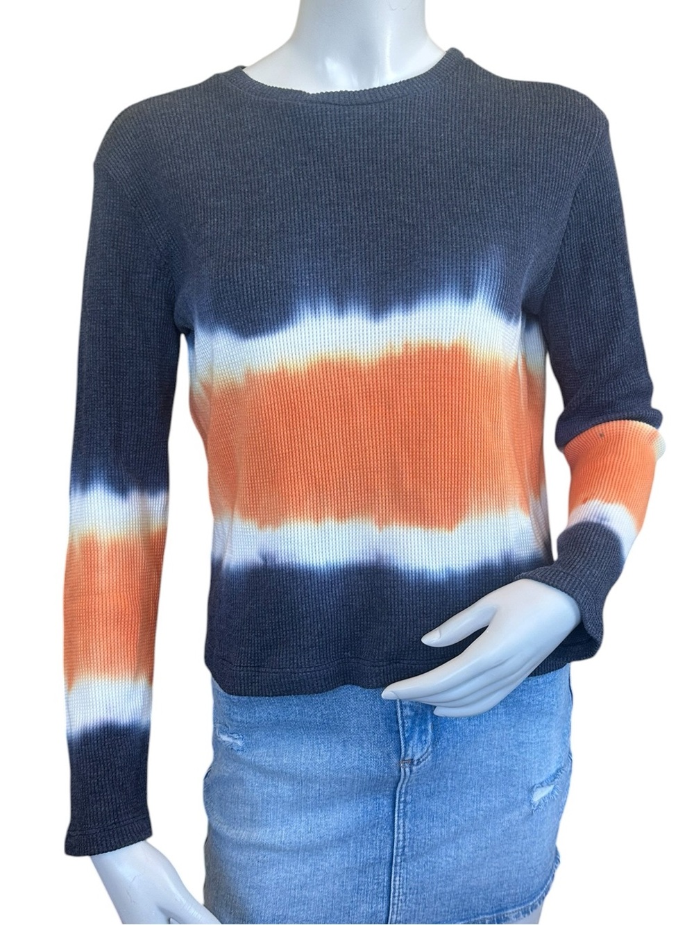 Anthropologie Blue Orange White Ombré Tie Dye Waffle Knit Long Sleeve Top XS